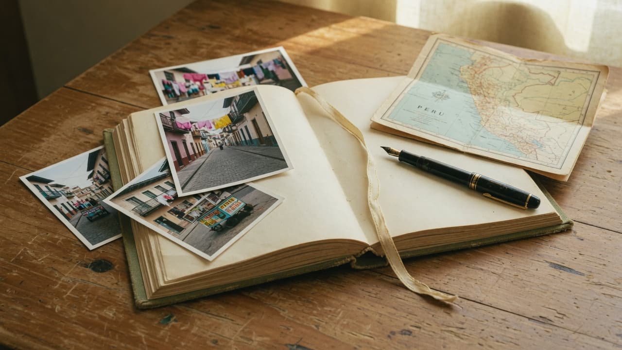 An open journal, photographs, and a map of Peru on a wooden table