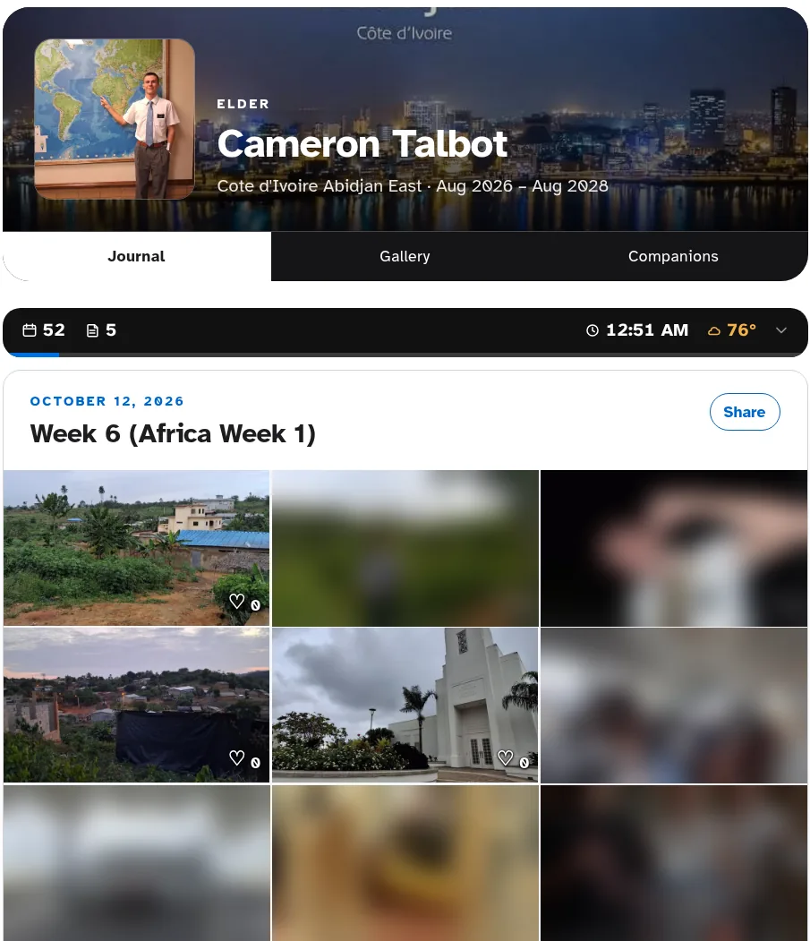 Cameron Talbot's journal header, stats bar, and the October 12, 2026 entry titled Week 6 (Africa Week 1), with a grid of nine photo tiles: landscapes and a white building are visible, and photos of people are blurred for privacy.