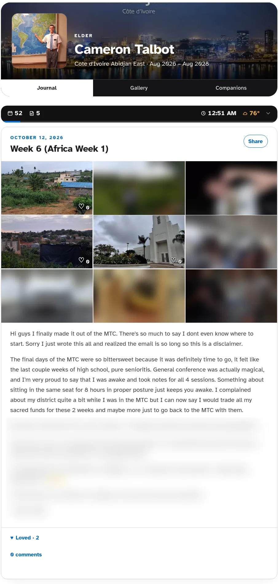 Screenshot of Cameron Talbot's Follow My Mission journal: header for the Cote d'Ivoire Abidjan East mission, then the October 12, 2026 entry Week 6 (Africa Week 1) with a grid of photos (photos of people blurred) and the start of his weekly letter; the rest of the letter is blurred for privacy.