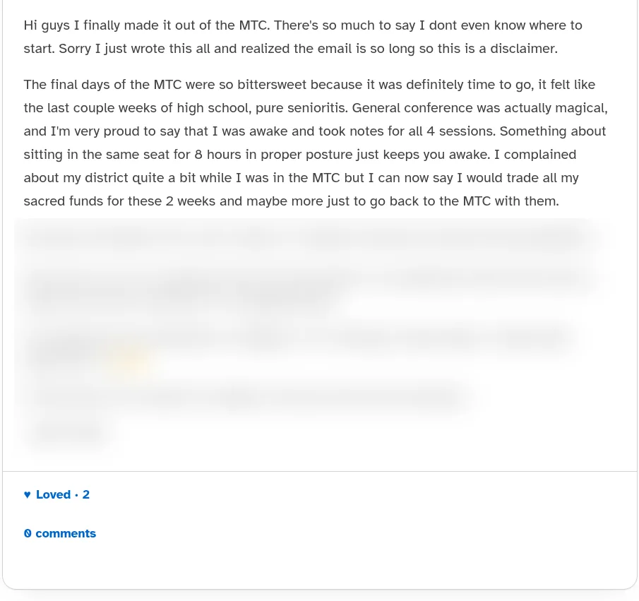 Cameron's weekly letter as it appears in the journal. The first two paragraphs are readable, beginning 'Hi guys I finally made it out of the MTC'; the rest is blurred for privacy.
