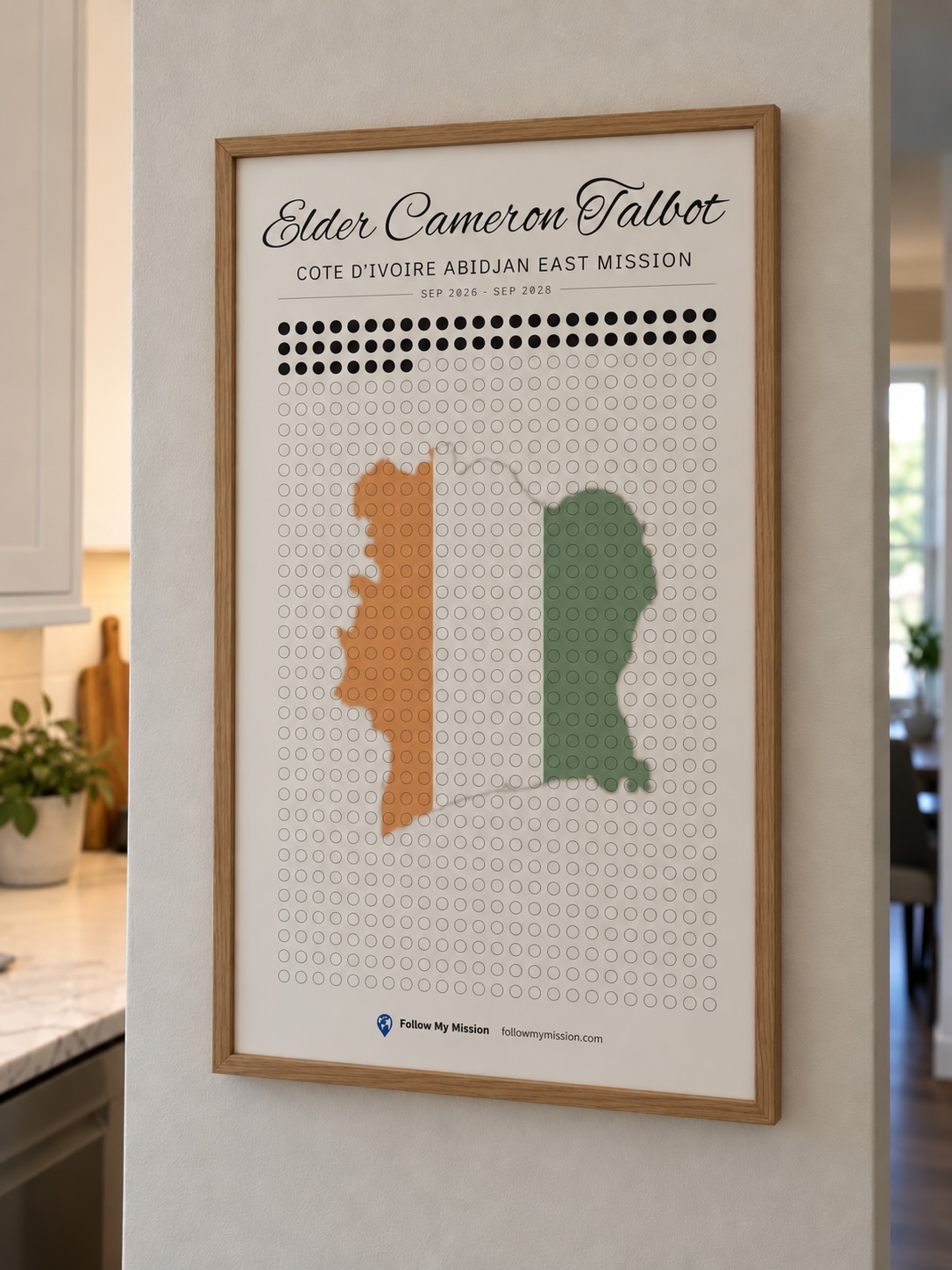 Framed printed personalized Missionary Countdown Calendar hanging on a kitchen wall